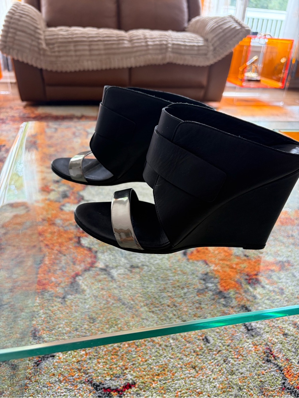 Vince Black Wedge Sandals with Silver Toe Strap